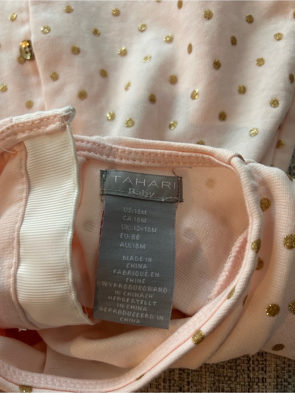 Tahari Baby Pink Gold Polka Dot Bow Baby Dress. Size 18M - Picture 7 of 8